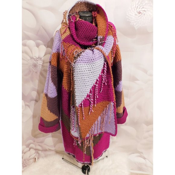 Crochet Brown Lavendar Long Sweater with Fringe Scarf L/XL - Picture 2 of 9